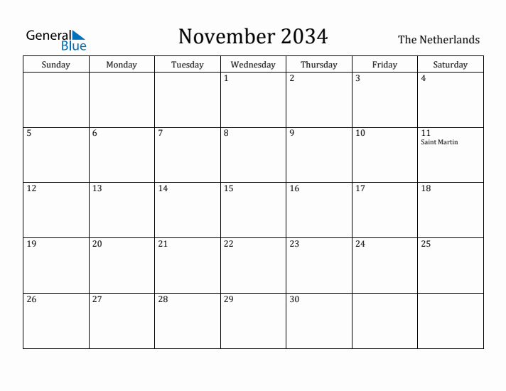 November 2034 Calendar The Netherlands