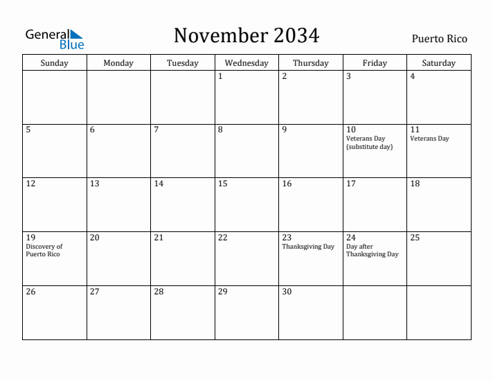 November 2034 Calendar Puerto Rico