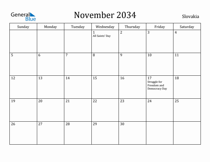 November 2034 Calendar Slovakia