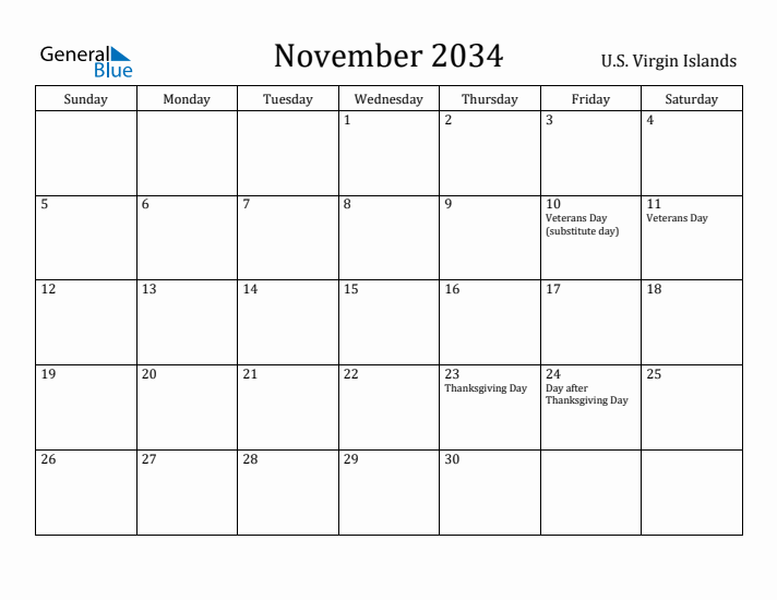 November 2034 Calendar U.S. Virgin Islands