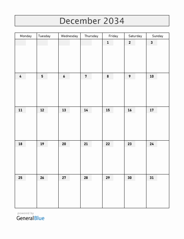 Blank December 2034 Calendar