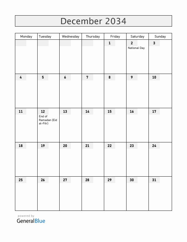 United Arab Emirates December 2034 Calendar with Holidays