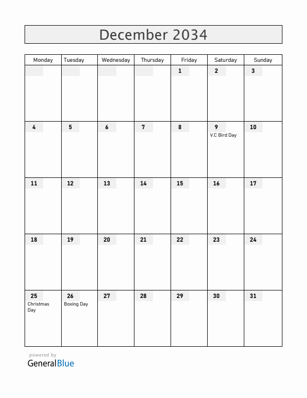 Antigua and Barbuda December 2034 Calendar with Holidays