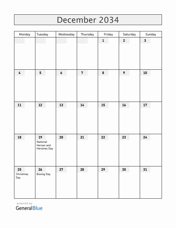 Anguilla December 2034 Calendar with Holidays