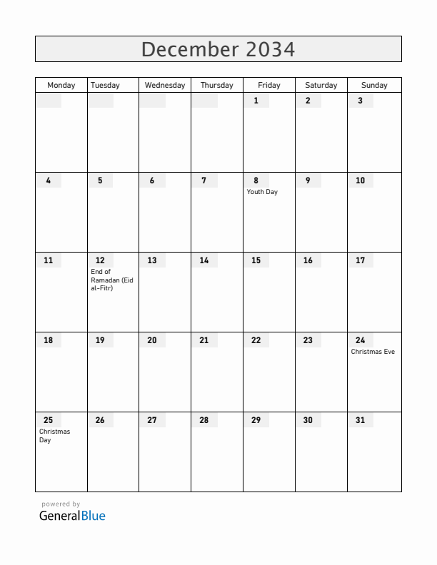 Albania December 2034 Calendar with Holidays