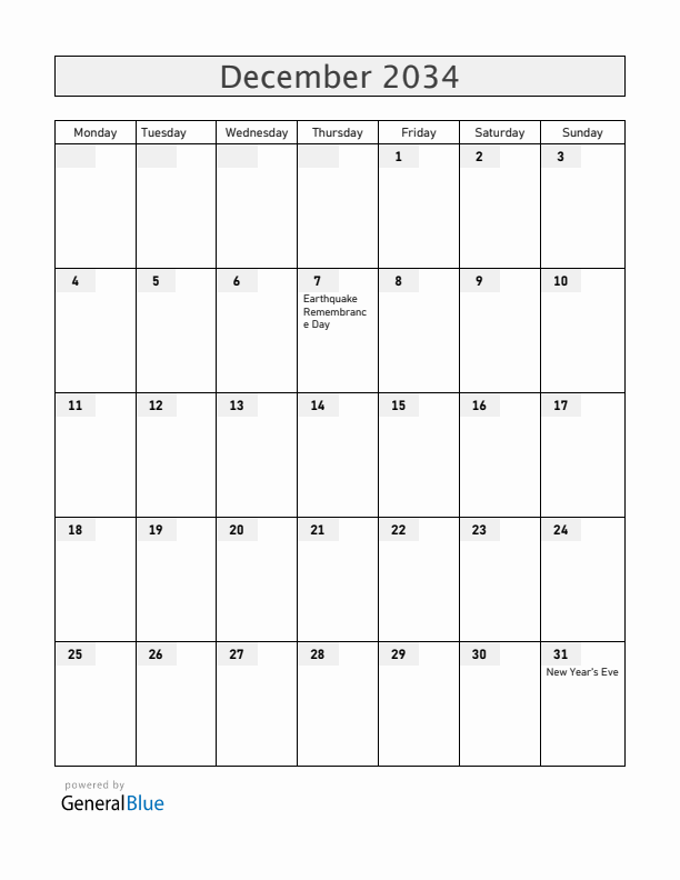 Armenia December 2034 Calendar with Holidays