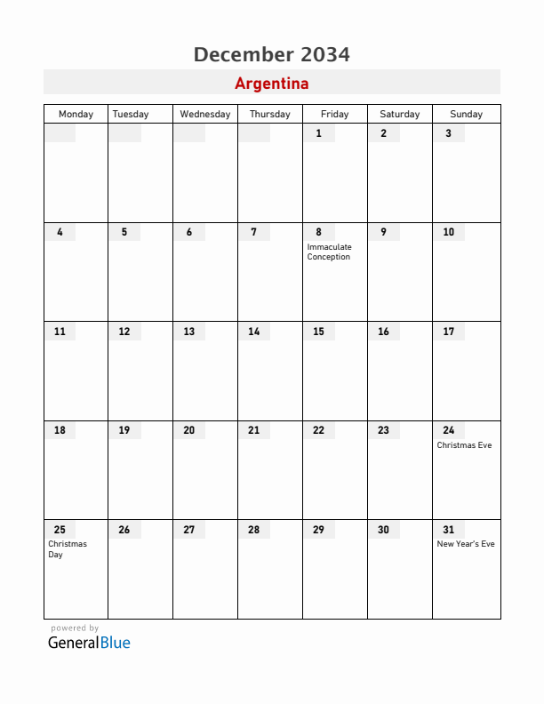Argentina December 2034 Calendar with Holidays