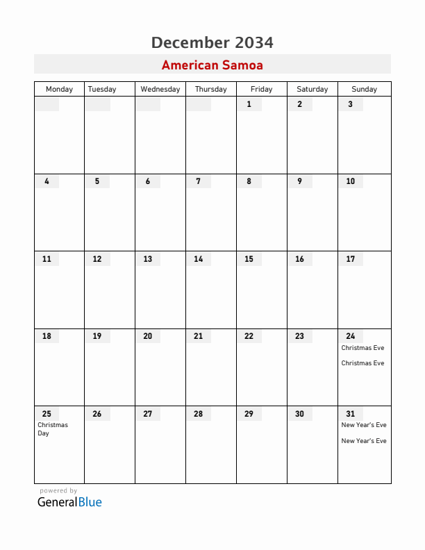 American Samoa December 2034 Calendar with Holidays