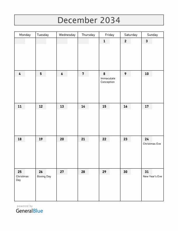 Austria December 2034 Calendar with Holidays