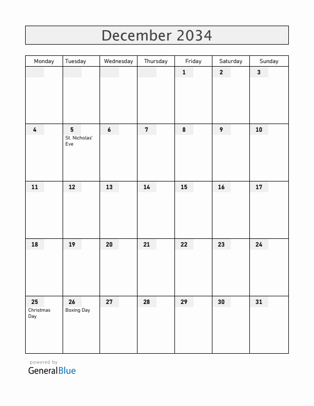 Aruba December 2034 Calendar with Holidays