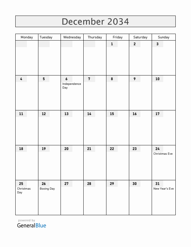 Aland Islands December 2034 Calendar with Holidays
