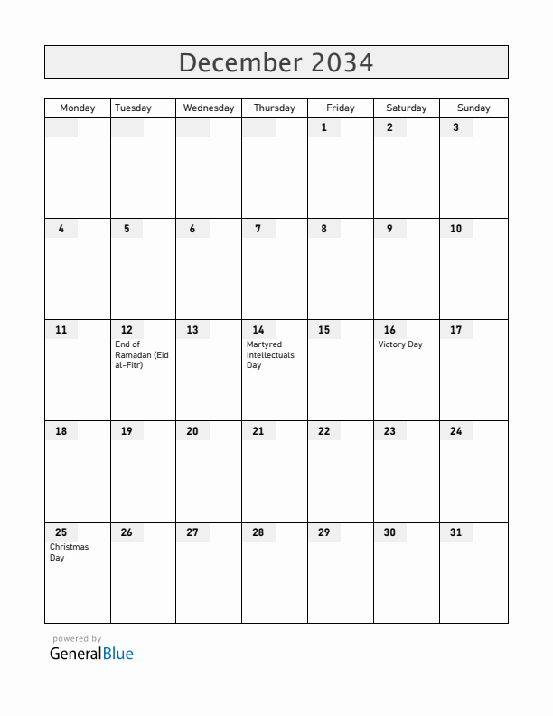 Bangladesh December 2034 Calendar with Holidays