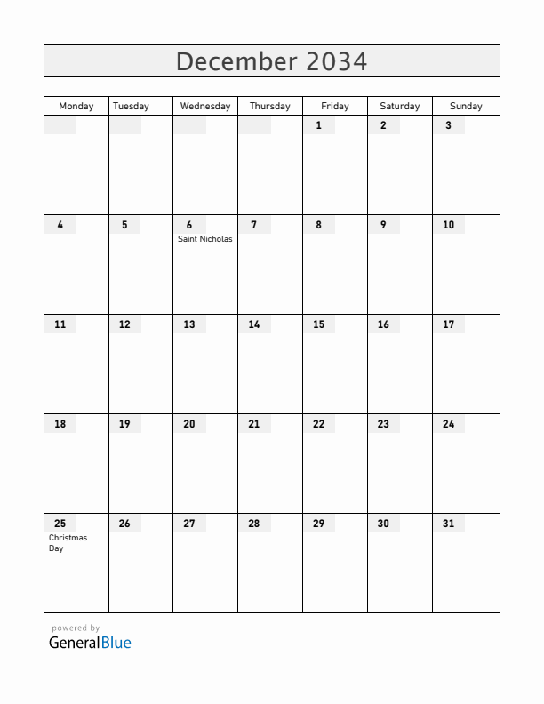 Belgium December 2034 Calendar with Holidays