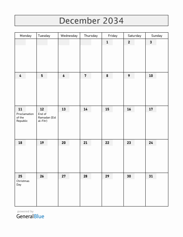 Burkina Faso December 2034 Calendar with Holidays