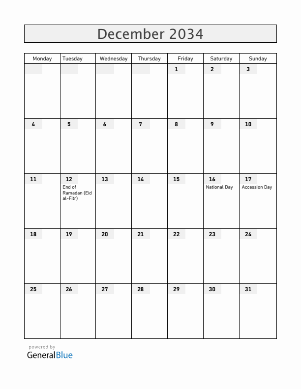 Bahrain December 2034 Calendar with Holidays