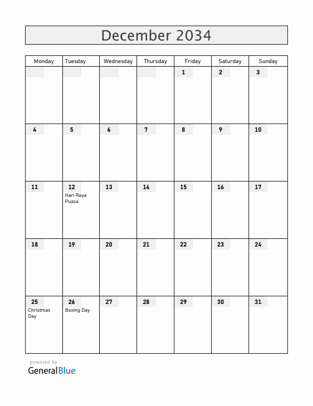 Cocos Islands December 2034 Calendar with Holidays