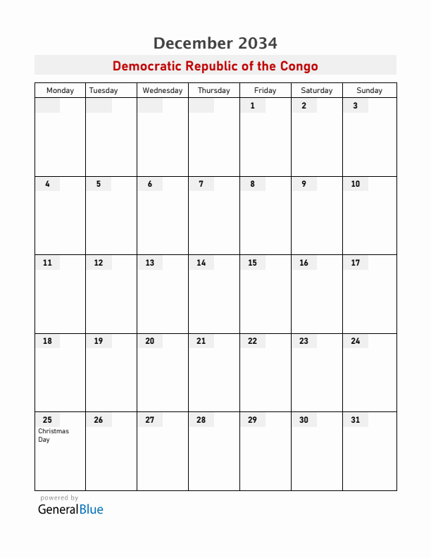 Democratic Republic of the Congo December 2034 Calendar with Holidays