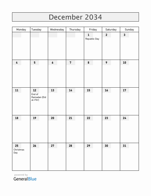 Central African Republic December 2034 Calendar with Holidays