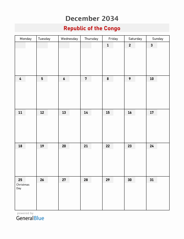Republic of the Congo December 2034 Calendar with Holidays