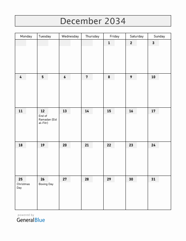 Christmas Island December 2034 Calendar with Holidays