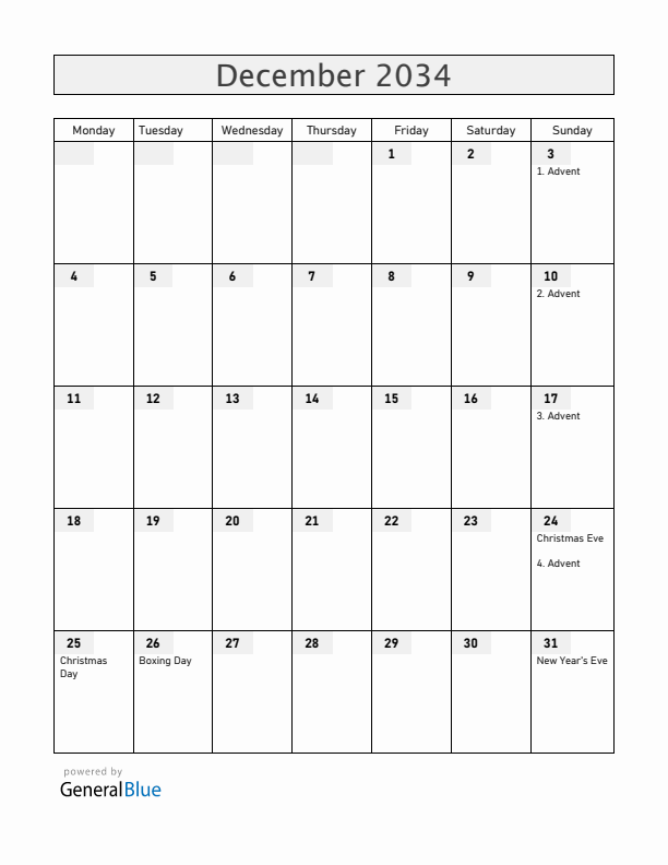 Germany December 2034 Calendar with Holidays