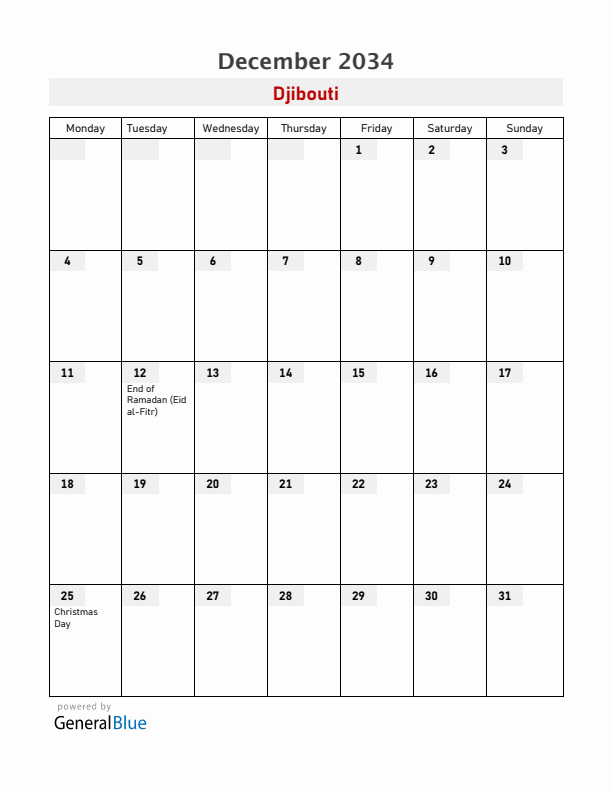 Djibouti December 2034 Calendar with Holidays