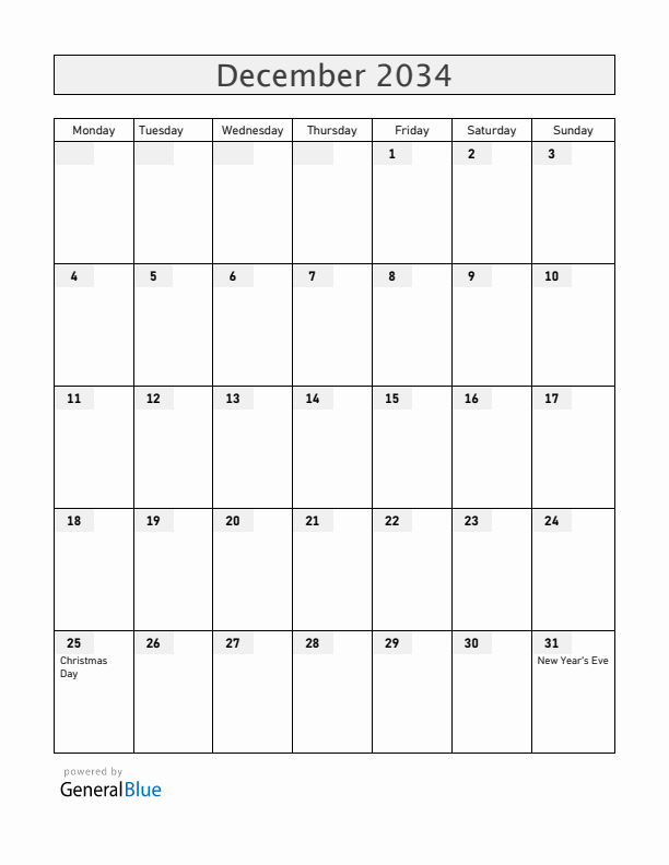 Ecuador December 2034 Calendar with Holidays