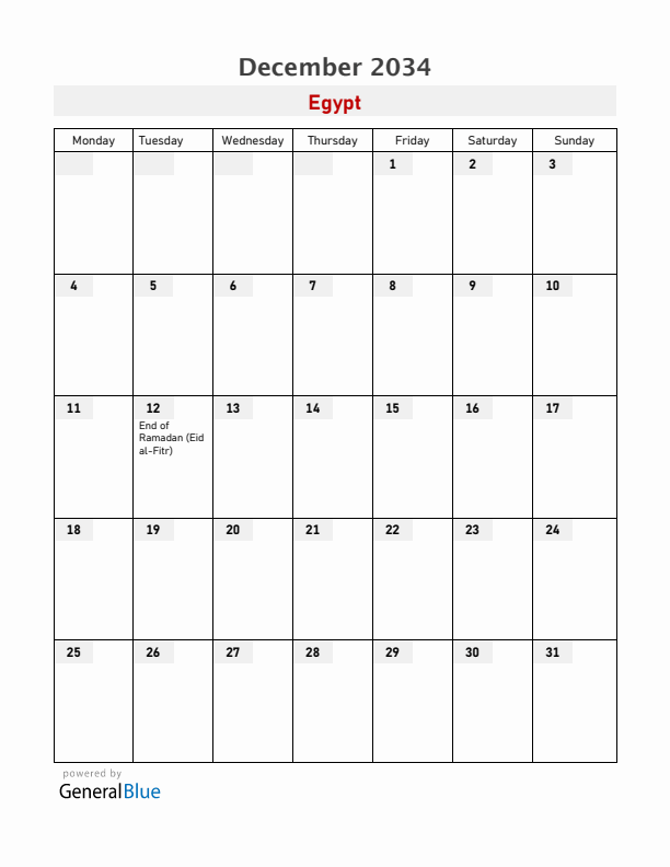 Egypt December 2034 Calendar with Holidays