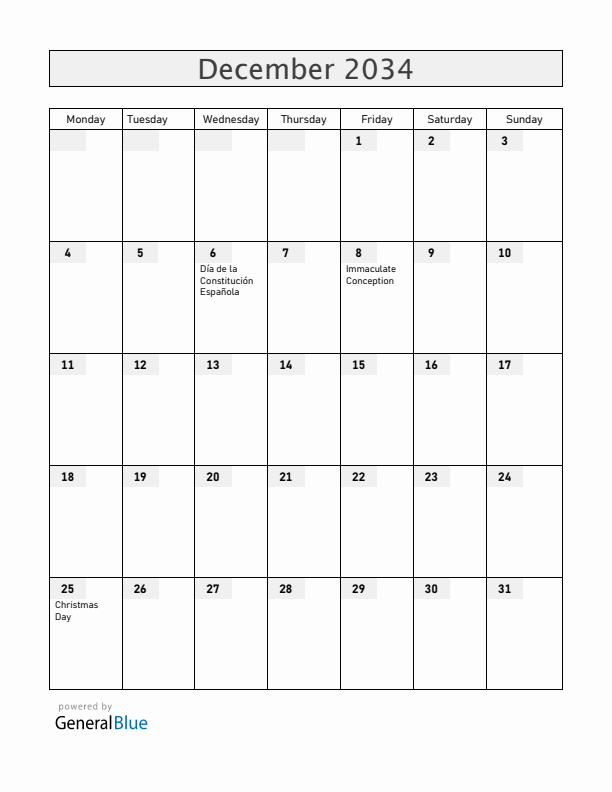 Spain December 2034 Calendar with Holidays