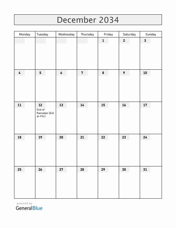 Ethiopia December 2034 Calendar with Holidays