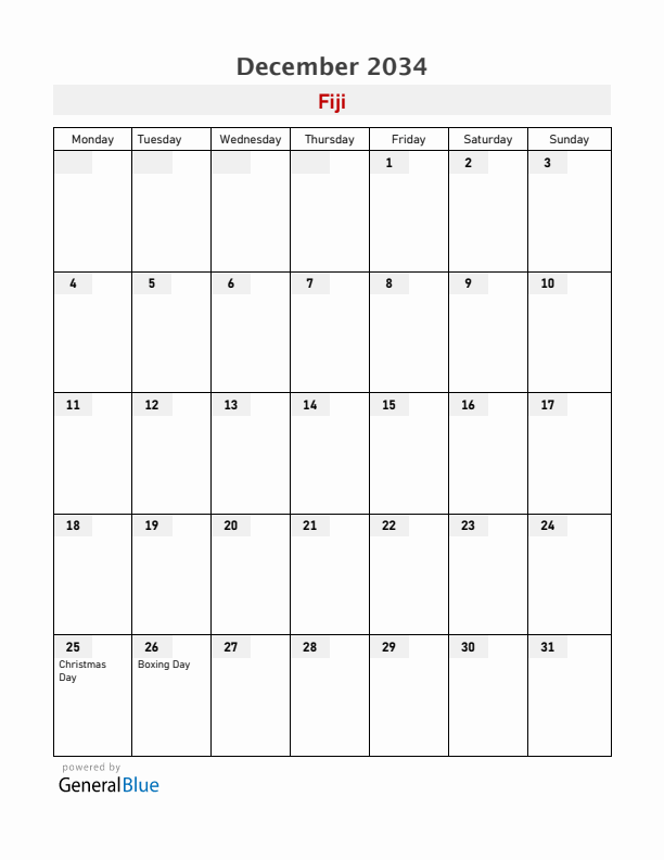 Fiji December 2034 Calendar with Holidays
