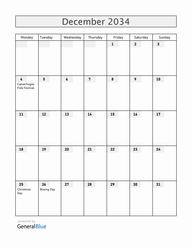 Grenada December 2034 Calendar with Holidays