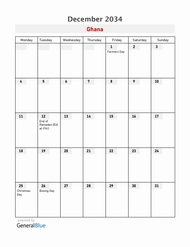 Ghana December 2034 Calendar with Holidays