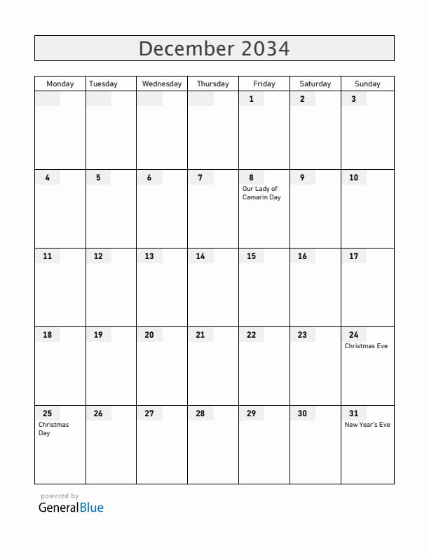 Guam December 2034 Calendar with Holidays
