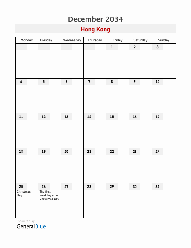 Hong Kong December 2034 Calendar with Holidays