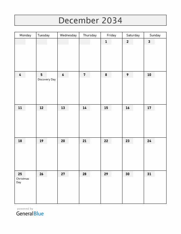 Haiti December 2034 Calendar with Holidays