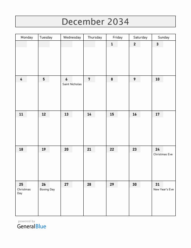 Hungary December 2034 Calendar with Holidays