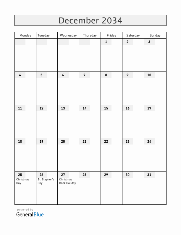 Ireland December 2034 Calendar with Holidays