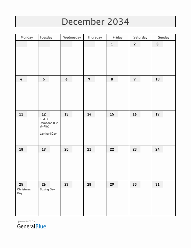 Kenya December 2034 Calendar with Holidays