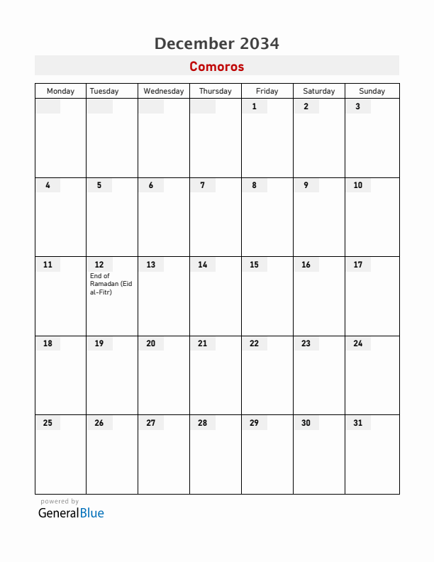 Comoros December 2034 Calendar with Holidays
