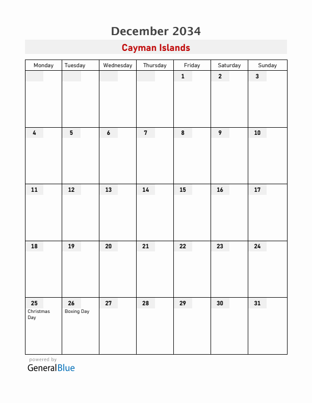 Cayman Islands December 2034 Calendar with Holidays