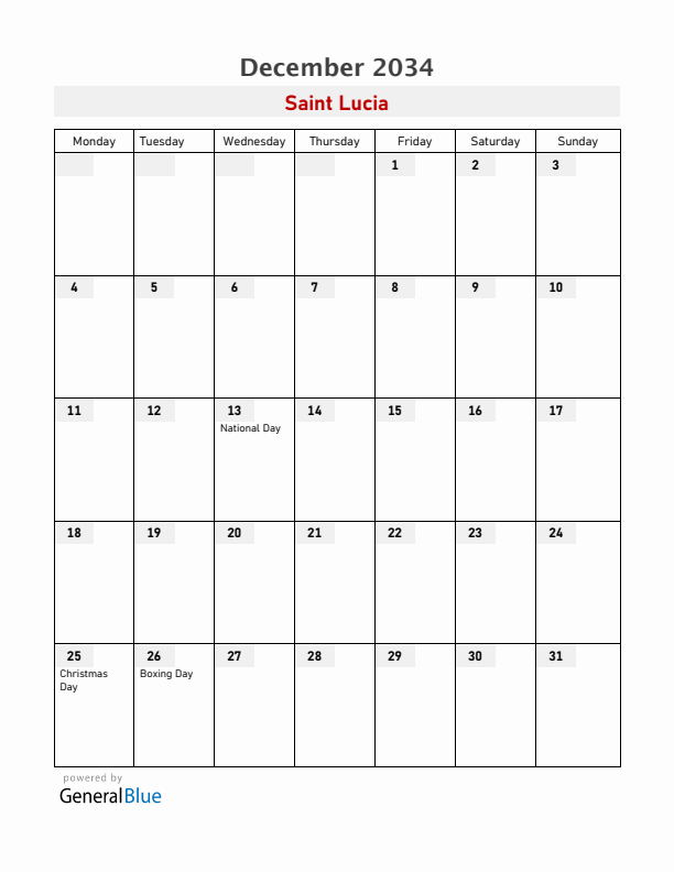 Saint Lucia December 2034 Calendar with Holidays