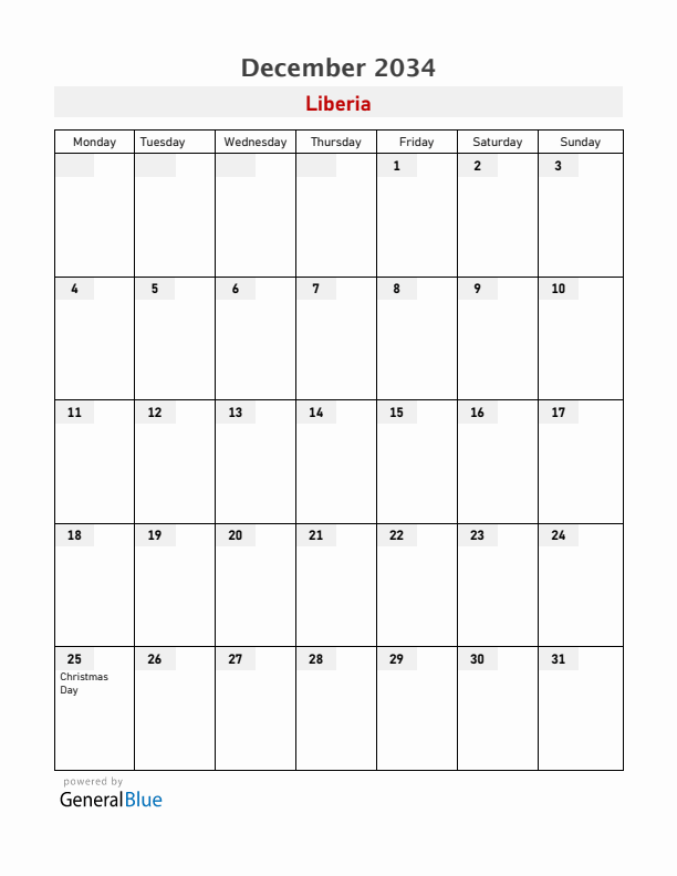 Liberia December 2034 Calendar with Holidays