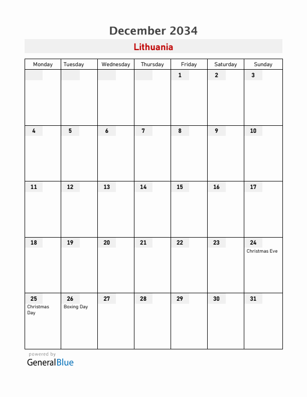 Lithuania December 2034 Calendar with Holidays