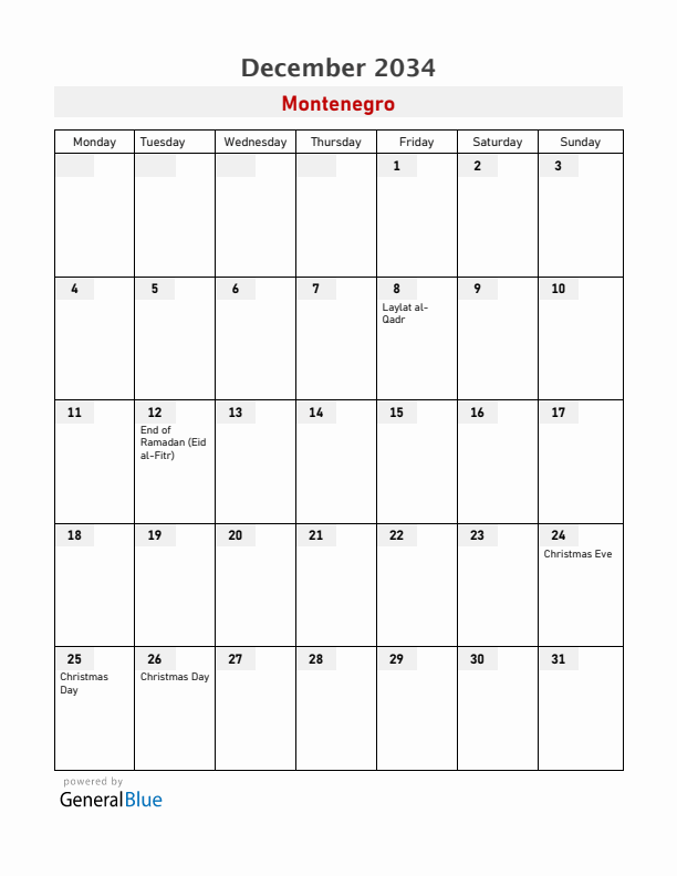 Montenegro December 2034 Calendar with Holidays