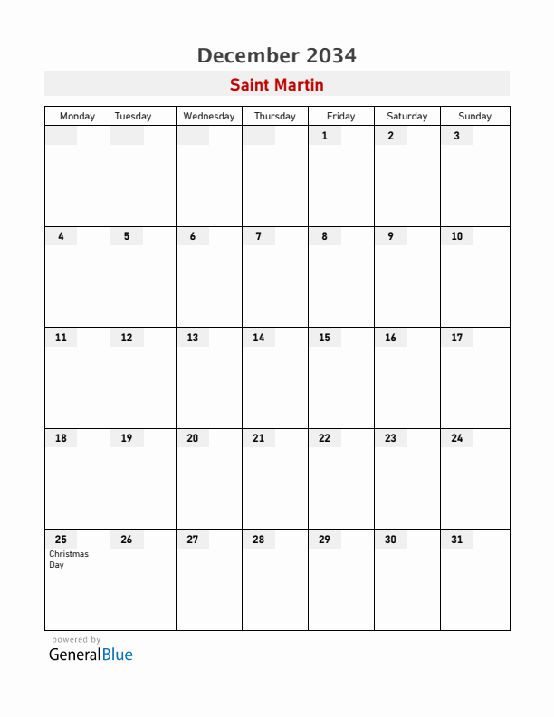 Saint Martin December 2034 Calendar with Holidays