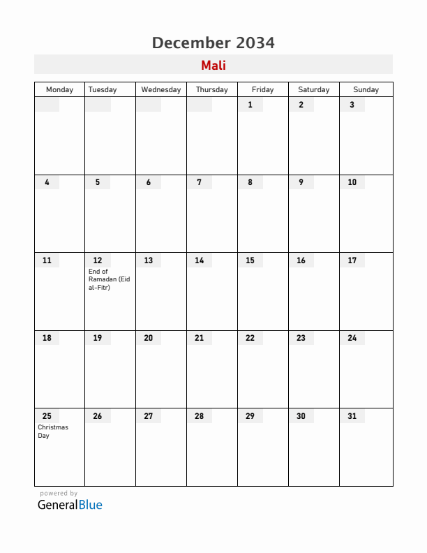 Mali December 2034 Calendar with Holidays