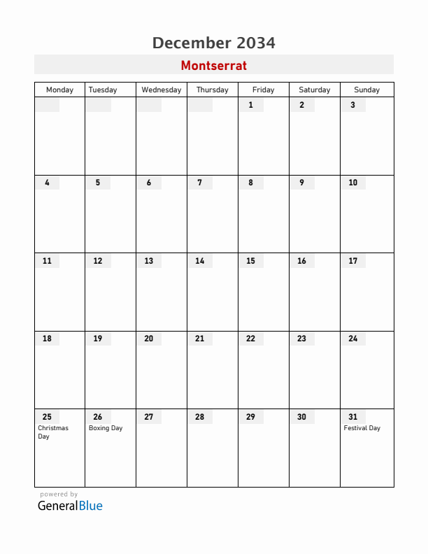 Montserrat December 2034 Calendar with Holidays