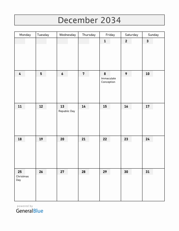 Malta December 2034 Calendar with Holidays