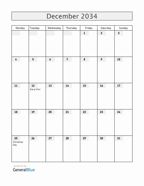 Malawi December 2034 Calendar with Holidays